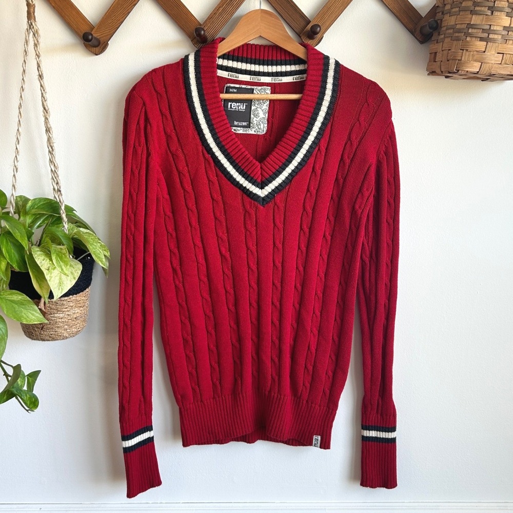 Renu Bruzer Ohio State Buckeyes Red Cable Knit V-Neck Varsity Sweater Medium